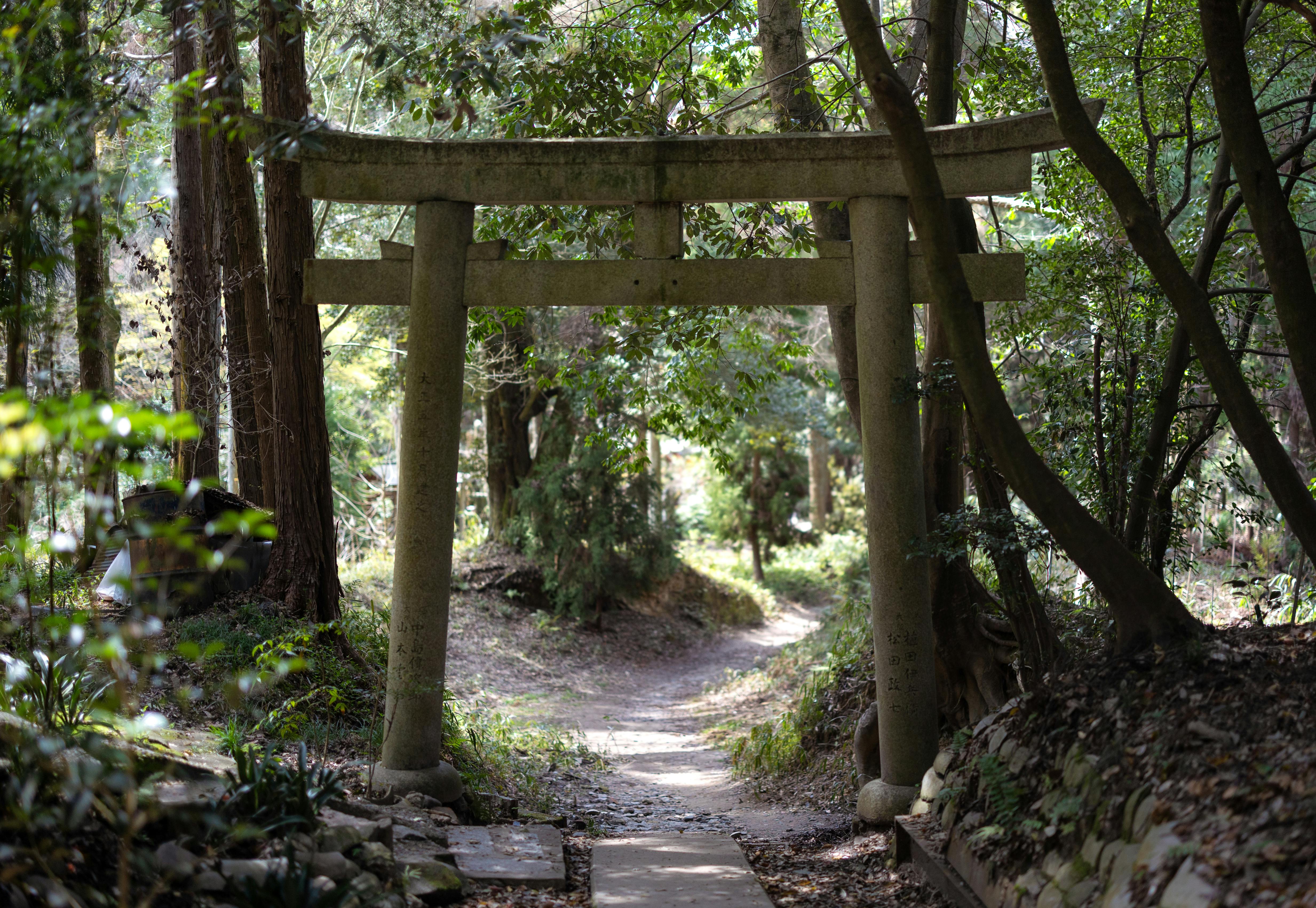 Stone torii gate on a forest path in rural Japan